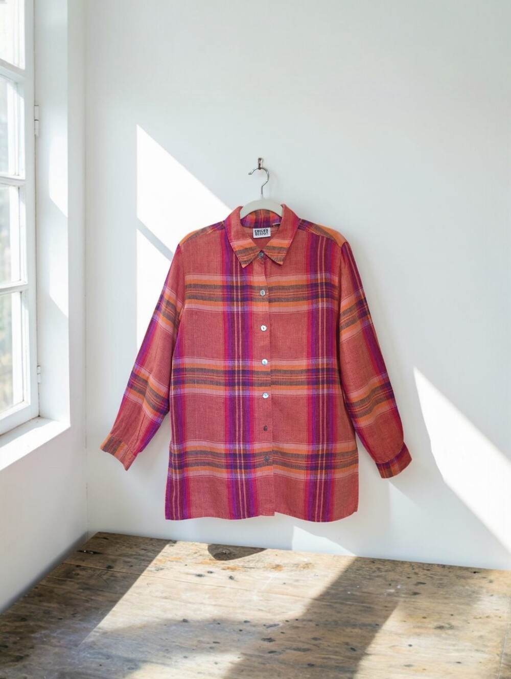 Chico's Plaid Linen Button Down Shirt Tunic Orange Pink Size 2/ Large